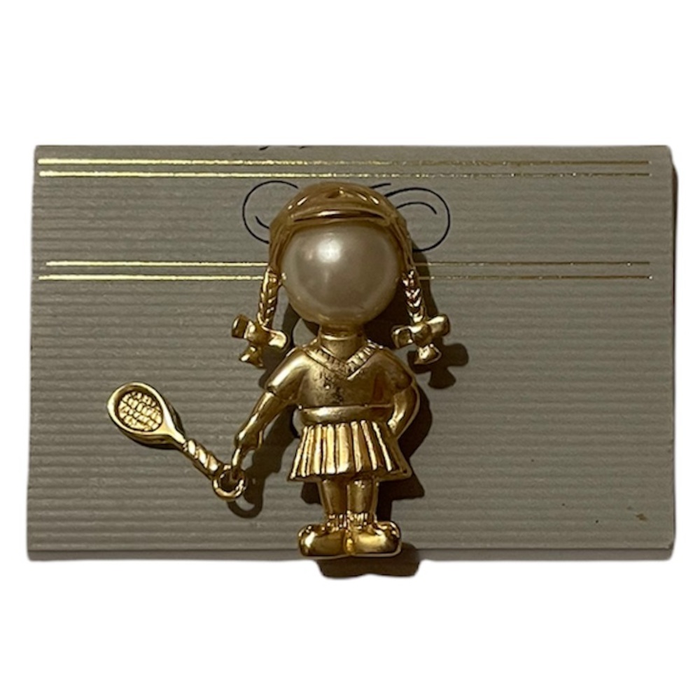 Vintage Pearl Brooch Gold Luxury Coquette Statement Pin Tennis Player Girl Sport